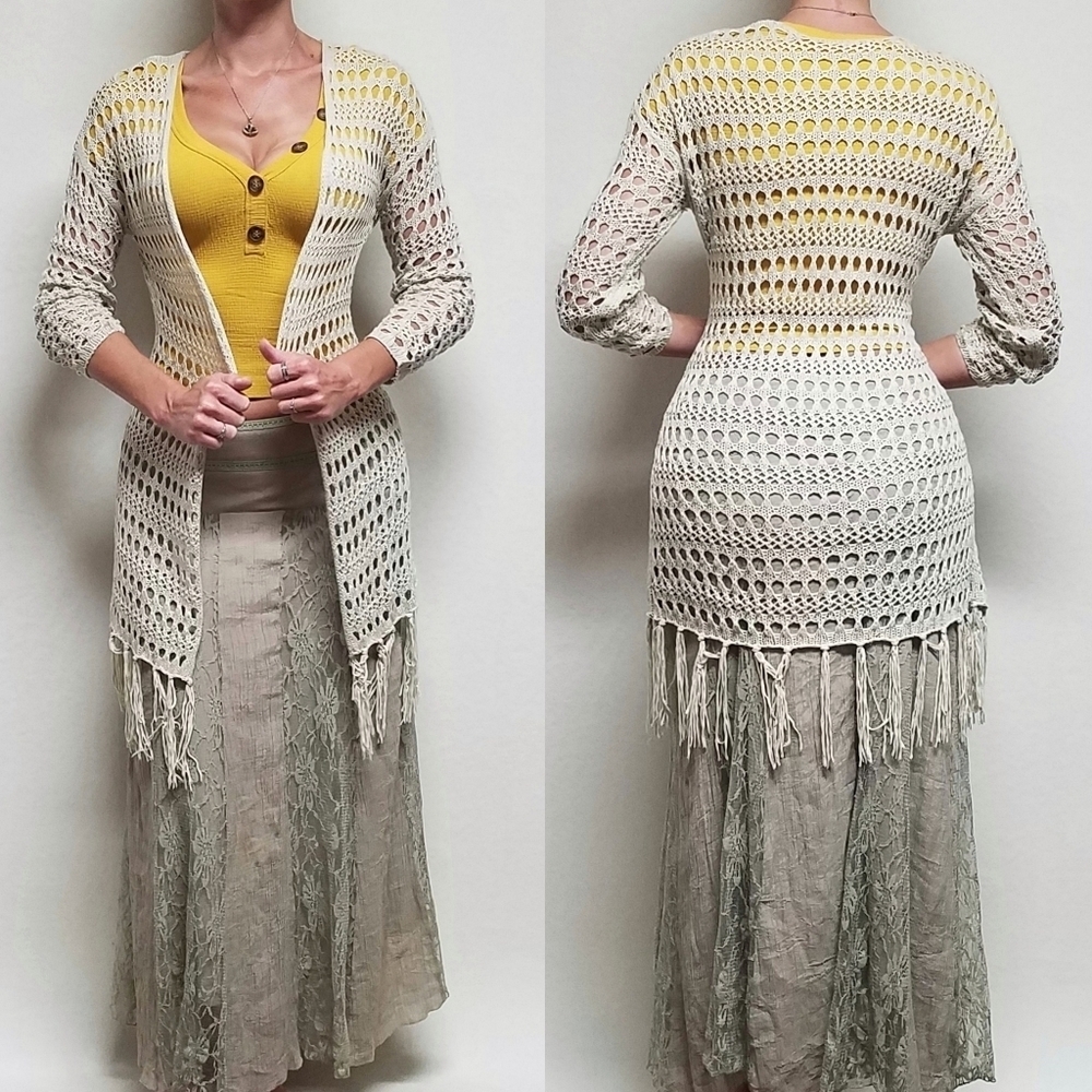 Boho 70s Vintage Beige Loose Knit Crochet Long Sleeve Fringe Hem Maxi Cardigan M